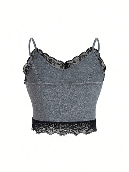 Robin Artist Dark Plus Size Cropped Slim Fit Contrast Lace Camisole Top, For Summer, Holiday, Vacation, Spring, Beach, Going Out, Festival, Ibiza Fits
