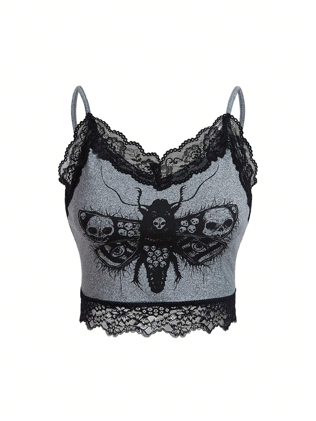 Robin Artist Dark Plus Size Cropped Slim Fit Contrast Lace Camisole Top, For Summer, Holiday, Vacation, Spring, Beach, Going Out, Festival, Ibiza Fits
