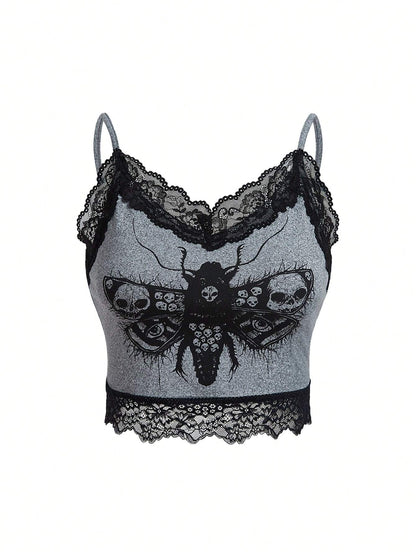 Robin Artist Dark Plus Size Cropped Slim Fit Contrast Lace Camisole Top, For Summer, Holiday, Vacation, Spring, Beach, Going Out, Festival, Ibiza Fits