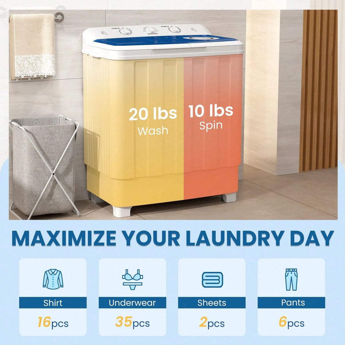 Robsivo Portable Washing Machine, Twin Tub Washing Machine Laundry Compact Washer Spinner Combo With 30lbs Capacity, 20Lbs Washer And 10Lbs Spinner Dryer For Apartments RVs And Dorms