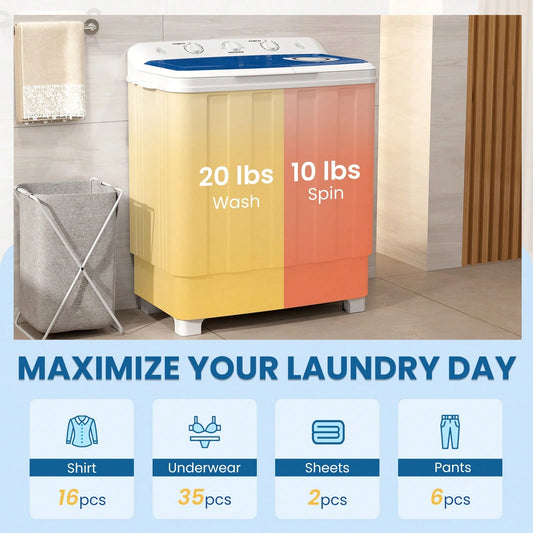 Robsivo Portable Washing Machine, Twin Tub Washing Machine Laundry Compact Washer Spinner Combo With 30lbs Capacity, 20Lbs Washer And 10Lbs Spinner Dryer For Apartments RVs And Dorms