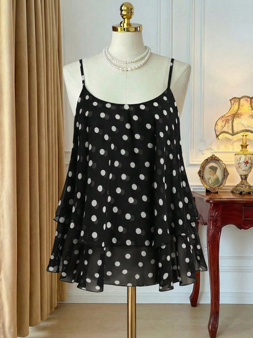 Rometta Plus Size Women Chiffon Polka Dot Double Hem Slim Backless Criss-Cross Strap Tank Top