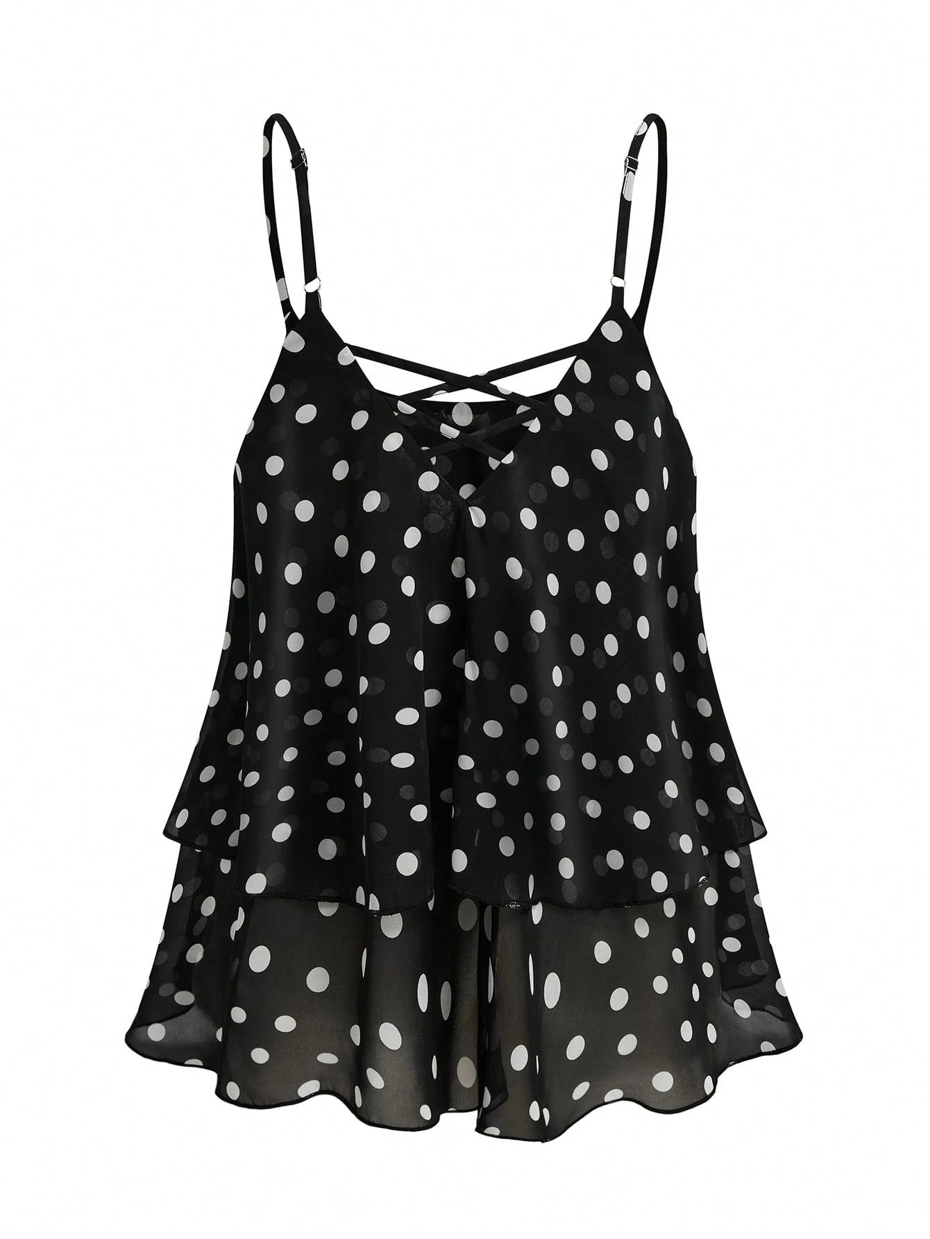 Rometta Plus Size Women Chiffon Polka Dot Double Hem Slim Backless Criss-Cross Strap Tank Top
