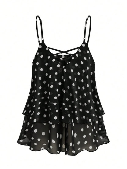 Rometta Plus Size Women Chiffon Polka Dot Double Hem Slim Backless Criss-Cross Strap Tank Top