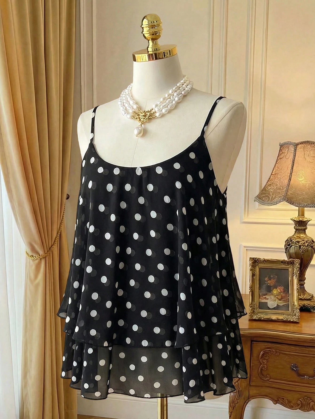 Rometta Plus Size Women Chiffon Polka Dot Double Hem Slim Backless Criss-Cross Strap Tank Top