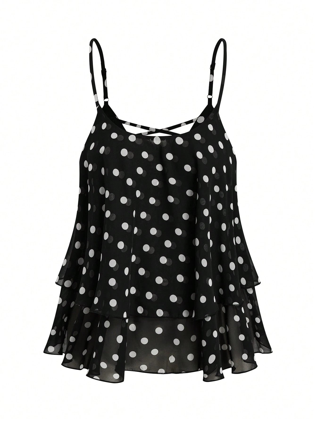 Rometta Plus Size Women Chiffon Polka Dot Double Hem Slim Backless Criss-Cross Strap Tank Top