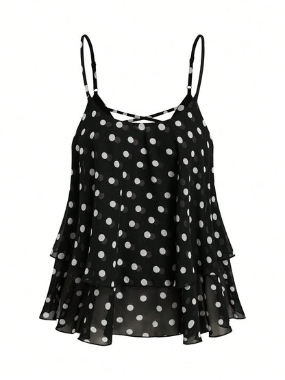 Rometta Plus Size Women Chiffon Polka Dot Double Hem Slim Backless Criss-Cross Strap Tank Top