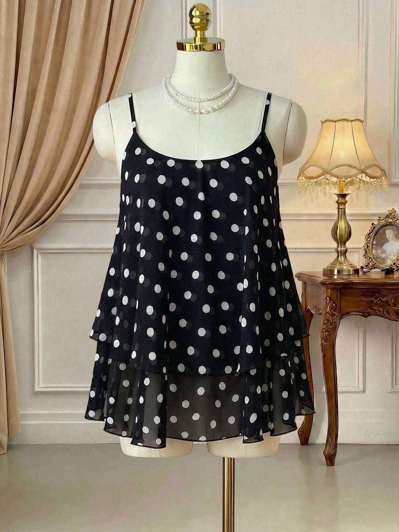 Rometta Plus Size Women Chiffon Polka Dot Double Hem Slim Backless Criss-Cross Strap Tank Top