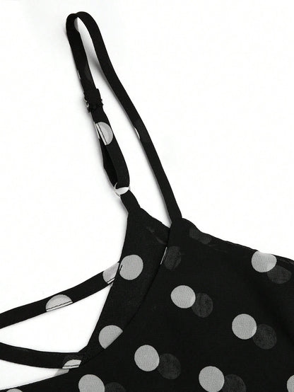 Rometta Plus Size Women Chiffon Polka Dot Double Hem Slim Backless Criss-Cross Strap Tank Top