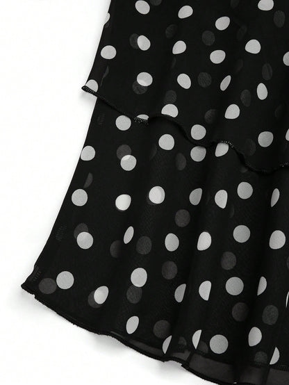 Rometta Plus Size Women Chiffon Polka Dot Double Hem Slim Backless Criss-Cross Strap Tank Top