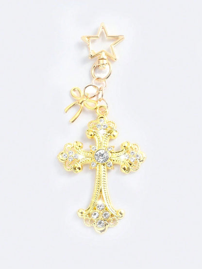 ROMWE 1pc Y2K Style Gold Gothic Cross Bag Charm Keychain, Valentine's Day Bag Decoration, Halloween