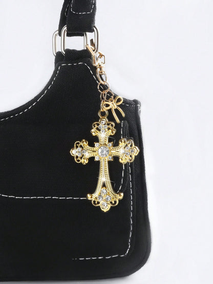 ROMWE 1pc Y2K Style Gold Gothic Cross Bag Charm Keychain, Valentine's Day Bag Decoration, Halloween