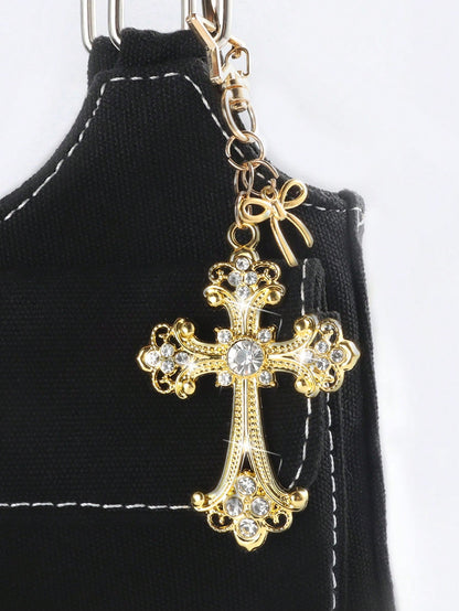 ROMWE 1pc Y2K Style Gold Gothic Cross Bag Charm Keychain, Valentine's Day Bag Decoration, Halloween
