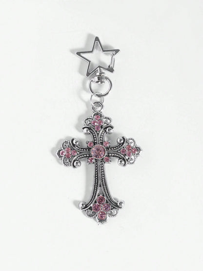ROMWE 1pc Y2K Style Gold Gothic Cross Bag Charm Keychain, Valentine's Day Bag Decoration, Halloween