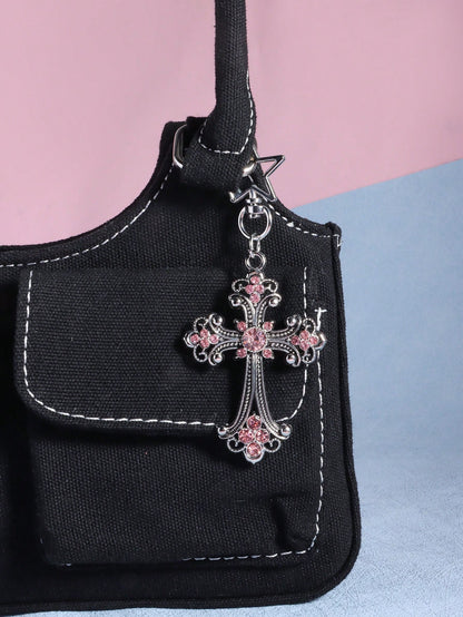 ROMWE 1pc Y2K Style Gold Gothic Cross Bag Charm Keychain, Valentine's Day Bag Decoration, Halloween