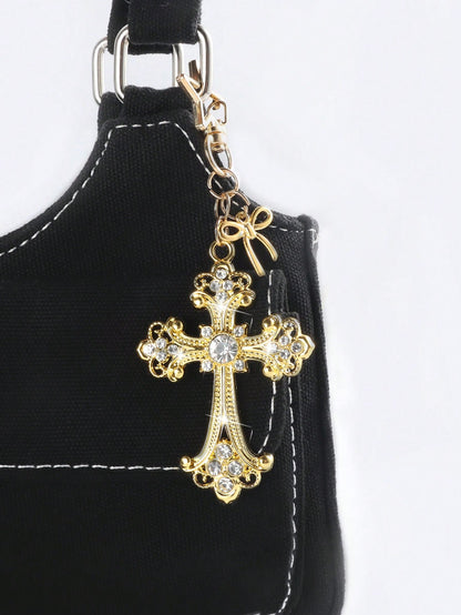ROMWE 1pc Y2K Style Gold Gothic Cross Bag Charm Keychain, Valentine's Day Bag Decoration, Halloween