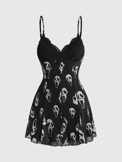 ROMWE Dark Floral Mori Style Hippie Romantic Court Gothic Print Loose Slimming Women's Cami Mini Dress, Halloween