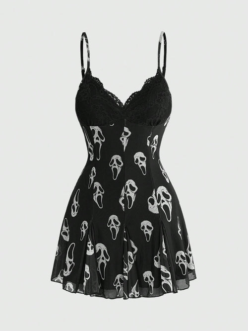 ROMWE Dark Floral Mori Style Hippie Romantic Court Gothic Print Loose Slimming Women's Cami Mini Dress, Halloween