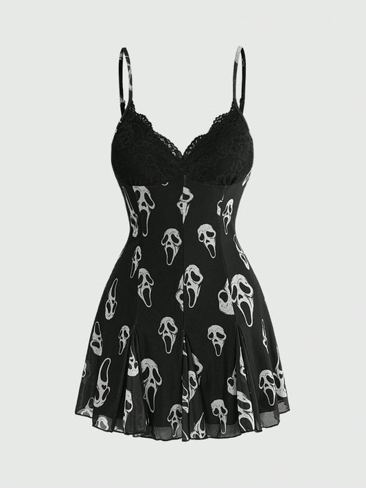 ROMWE Dark Floral Mori Style Hippie Romantic Court Gothic Print Loose Slimming Women's Cami Mini Dress, Halloween