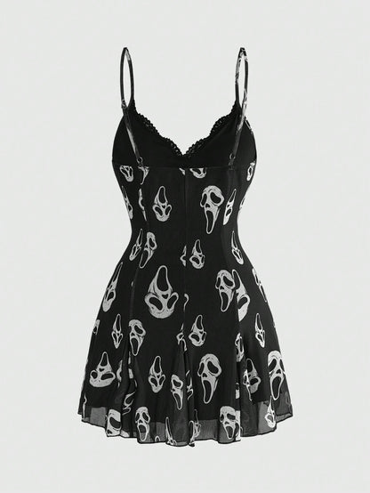 ROMWE Dark Floral Mori Style Hippie Romantic Court Gothic Print Loose Slimming Women's Cami Mini Dress, Halloween