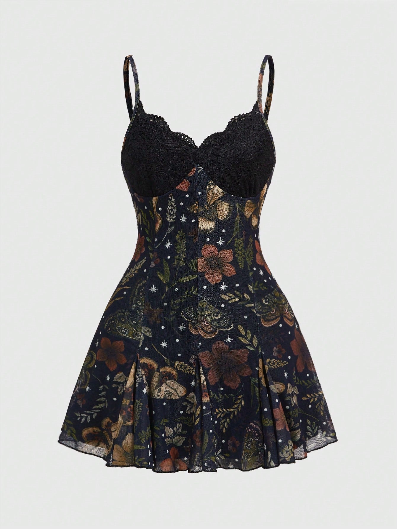 ROMWE Dark Floral Mori Style Hippie Romantic Court Gothic Print Loose Slimming Women's Cami Mini Dress, Halloween