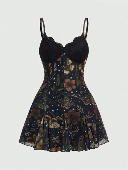 ROMWE Dark Floral Mori Style Hippie Romantic Court Gothic Print Loose Slimming Women's Cami Mini Dress, Halloween
