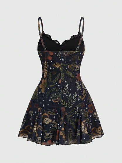 ROMWE Dark Floral Mori Style Hippie Romantic Court Gothic Print Loose Slimming Women's Cami Mini Dress, Halloween