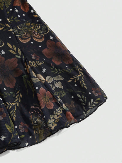 ROMWE Dark Floral Mori Style Hippie Romantic Court Gothic Print Loose Slimming Women's Cami Mini Dress, Halloween