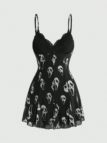 ROMWE Dark Floral Mori Style Hippie Romantic Court Gothic Print Loose Slimming Women's Cami Mini Dress, Halloween