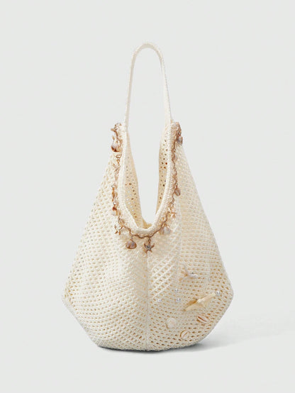 ROMWE Fairycore 1 Set Beige Woven Beach Tote Bag & Accessories, Fashionable Personalized Beach Resort Style Women Tote Bag (Includes 1 Bag And 1 Set Of Accessories),Beach Bag