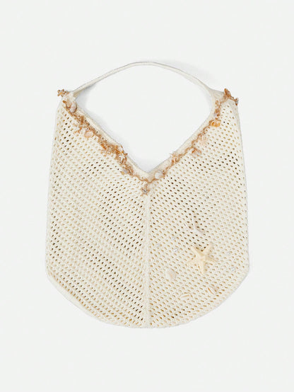 ROMWE Fairycore 1 Set Beige Woven Beach Tote Bag & Accessories, Fashionable Personalized Beach Resort Style Women Tote Bag (Includes 1 Bag And 1 Set Of Accessories),Beach Bag