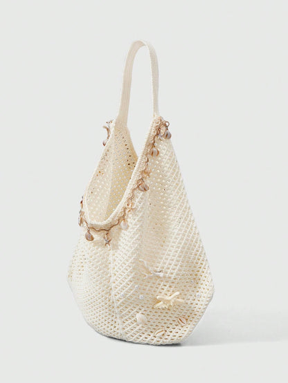 ROMWE Fairycore 1 Set Beige Woven Beach Tote Bag & Accessories, Fashionable Personalized Beach Resort Style Women Tote Bag (Includes 1 Bag And 1 Set Of Accessories),Beach Bag