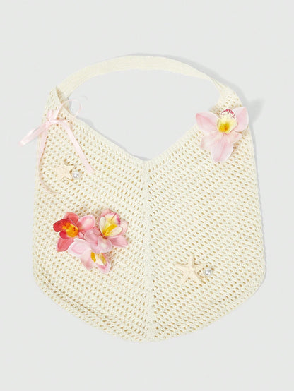 ROMWE Fairycore 1 Set Beige Woven Beach Tote Bag & Accessories, Fashionable Personalized Beach Resort Style Women Tote Bag (Includes 1 Bag And 1 Set Of Accessories),Beach Bag