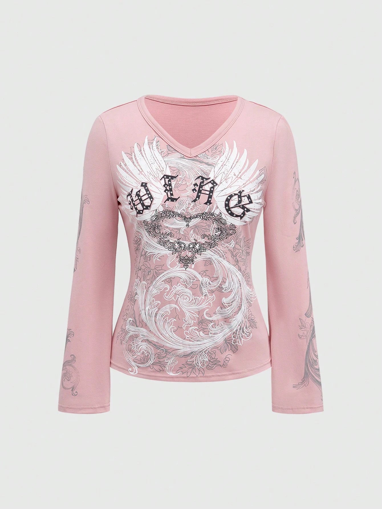ROMWE Fairycore Plus Size Autumn Casual Wing Rhinestone Embellished Long Sleeve T-Shirt Fall