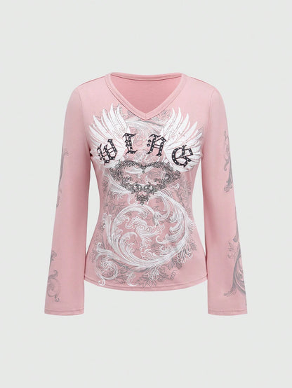 ROMWE Fairycore Plus Size Autumn Casual Wing Rhinestone Embellished Long Sleeve T-Shirt Fall