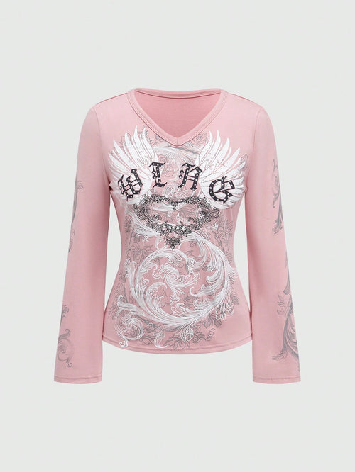 ROMWE Fairycore Plus Size Autumn Casual Wing Rhinestone Embellished Long Sleeve T-Shirt Fall