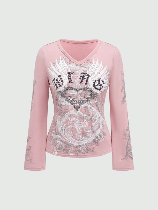 ROMWE Fairycore Plus Size Autumn Casual Wing Rhinestone Embellished Long Sleeve T-Shirt Fall