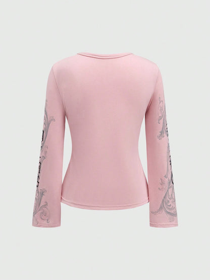ROMWE Fairycore Plus Size Autumn Casual Wing Rhinestone Embellished Long Sleeve T-Shirt Fall