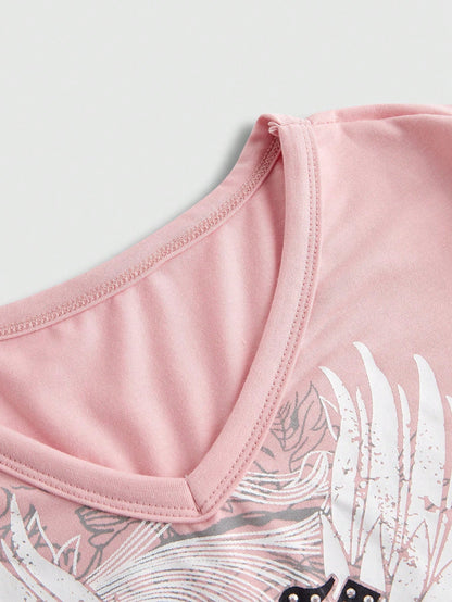ROMWE Fairycore Plus Size Autumn Casual Wing Rhinestone Embellished Long Sleeve T-Shirt Fall
