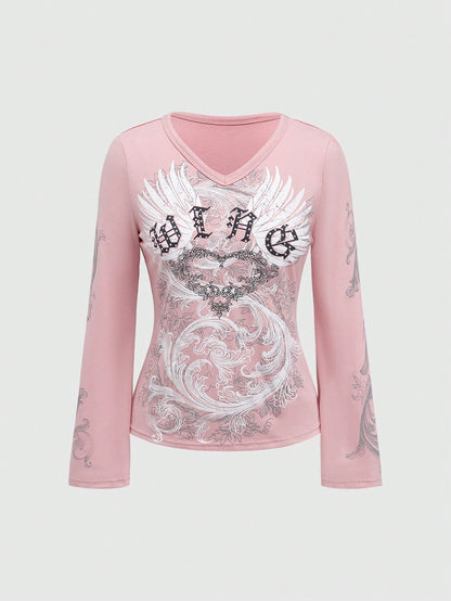 ROMWE Fairycore Plus Size Autumn Casual Wing Rhinestone Embellished Long Sleeve T-Shirt Fall