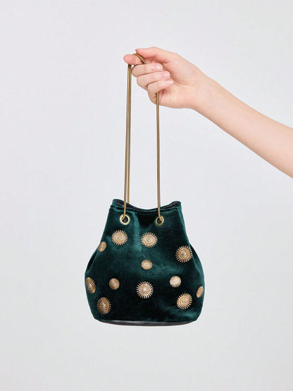 ROMWE Fairycore Women's Mini Fashionable Round Buckle Bucket Chain Shoulder Bag
