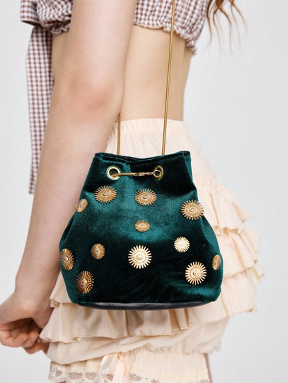 ROMWE Fairycore Women's Mini Fashionable Round Buckle Bucket Chain Shoulder Bag