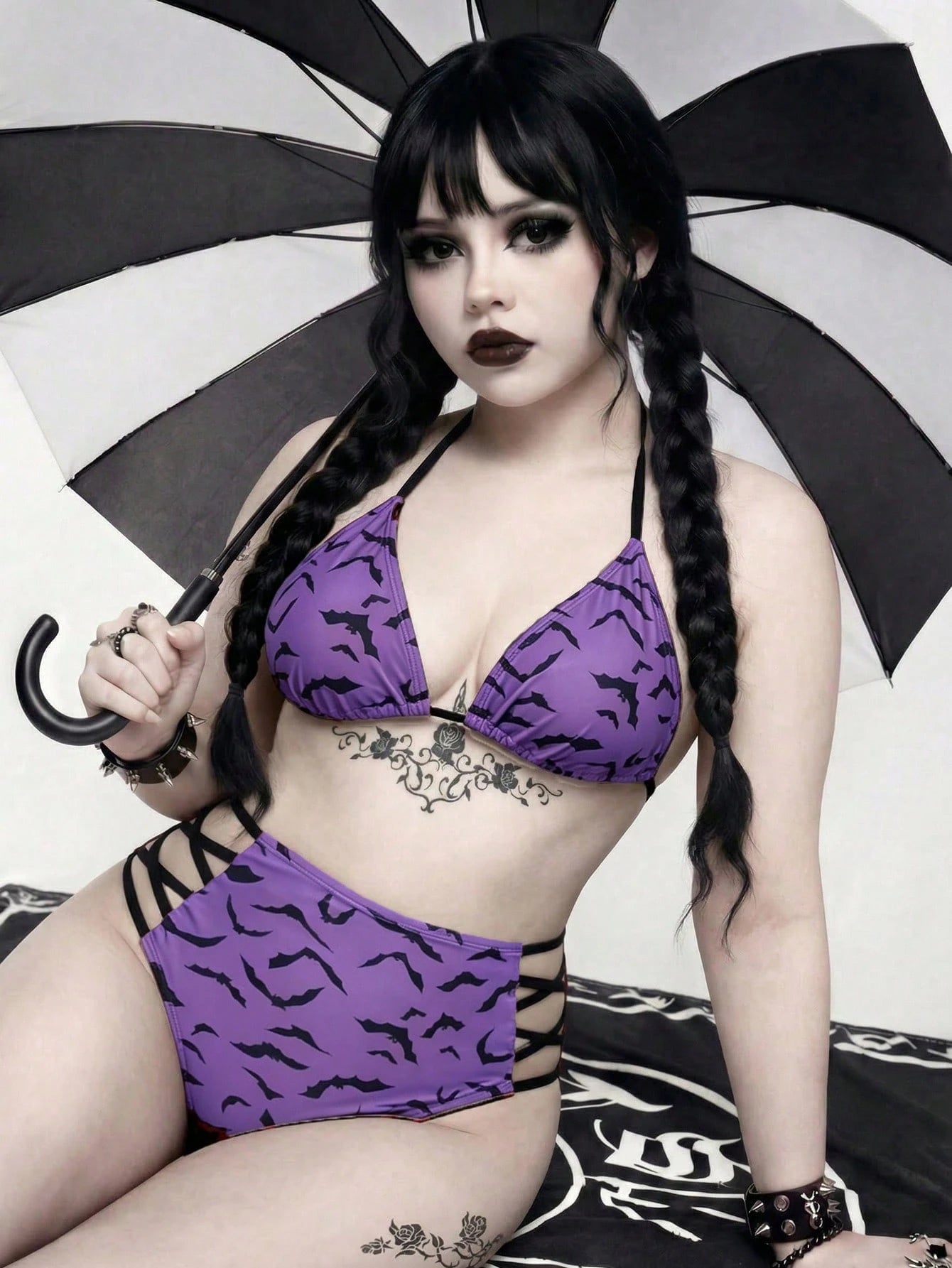 ROMWE Goth Plus Size Women 2pcs Purple Summer Bandage Beach Bat Print Triangle Cup High Waist Drawstring Halter Split Bikini Set,Vacation Daily Casual