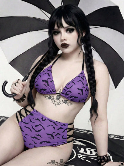 ROMWE Goth Plus Size Women 2pcs Purple Summer Bandage Beach Bat Print Triangle Cup High Waist Drawstring Halter Split Bikini Set,Vacation Daily Casual
