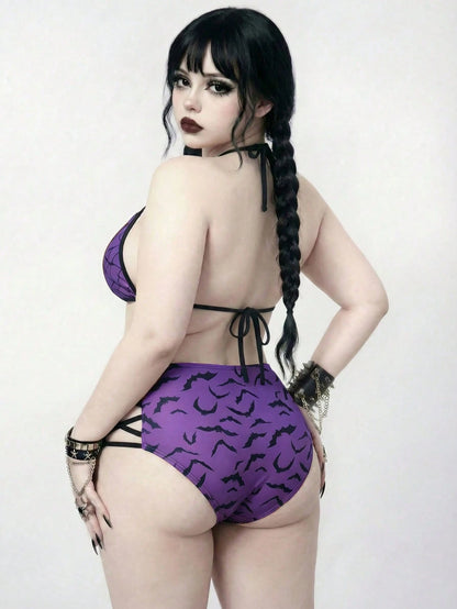 ROMWE Goth Plus Size Women 2pcs Purple Summer Bandage Beach Bat Print Triangle Cup High Waist Drawstring Halter Split Bikini Set,Vacation Daily Casual