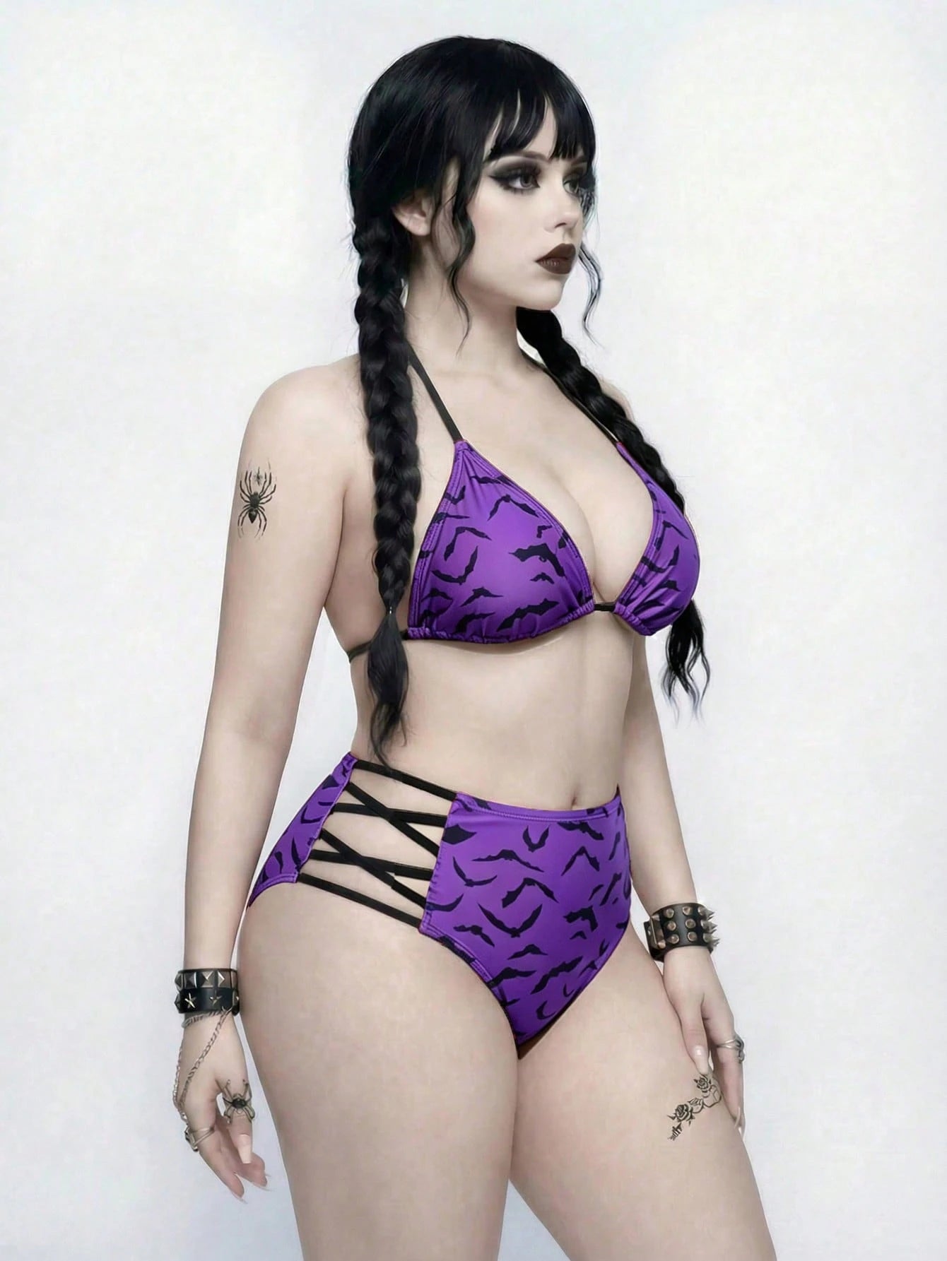 ROMWE Goth Plus Size Women 2pcs Purple Summer Bandage Beach Bat Print Triangle Cup High Waist Drawstring Halter Split Bikini Set,Vacation Daily Casual