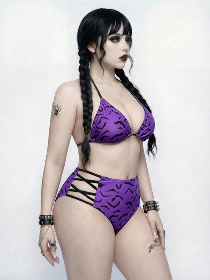 ROMWE Goth Plus Size Women 2pcs Purple Summer Bandage Beach Bat Print Triangle Cup High Waist Drawstring Halter Split Bikini Set,Vacation Daily Casual