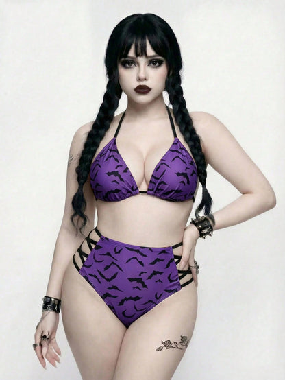 ROMWE Goth Plus Size Women 2pcs Purple Summer Bandage Beach Bat Print Triangle Cup High Waist Drawstring Halter Split Bikini Set,Vacation Daily Casual