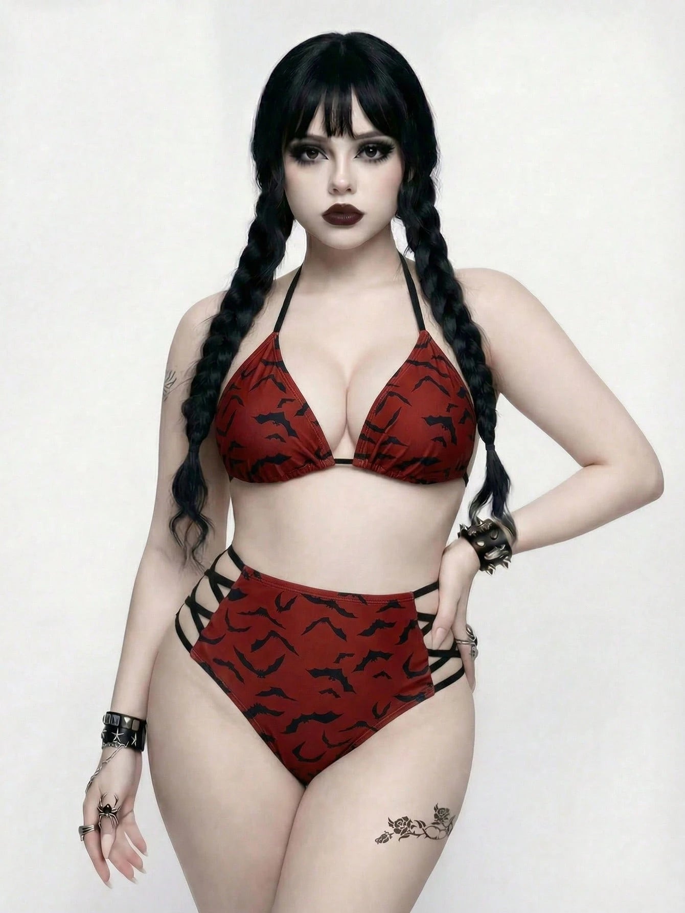ROMWE Goth Plus Size Women 2pcs Purple Summer Bandage Beach Bat Print Triangle Cup High Waist Drawstring Halter Split Bikini Set,Vacation Daily Casual