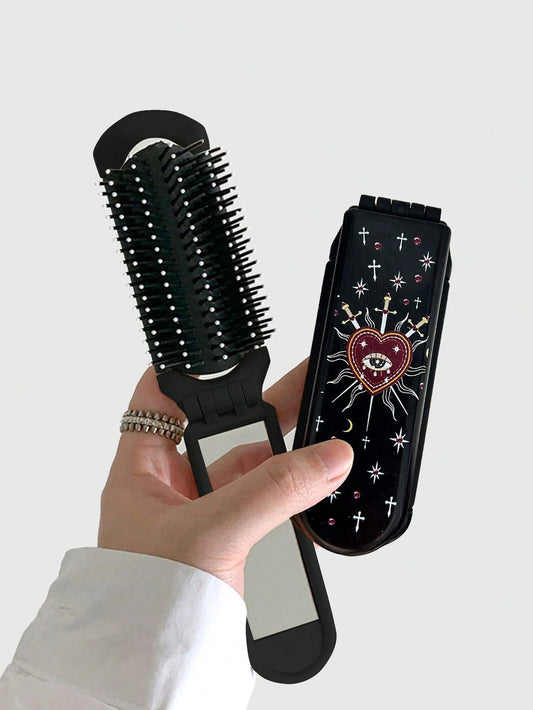 ROMWE Grunge Punk 1pc Cross & Heart Pattern Comb With Compact Mirror, Foldable, Portable, Back To School Accessory (Pattern Placement Random)